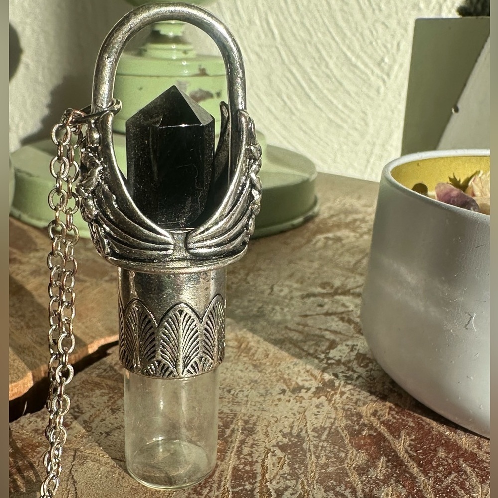 Essential Oil Rollerball Necklace- Silver Obsidian - Refillable Oil Roller - Picture 2 of 3